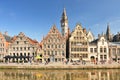 Picturesque medieval buildings overlooking the Graslei harbor on Leie river in Ghent town Belgium Europe