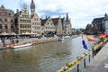 Picturesque medieval buildings overlooking the Graslei harbor on Leie river in Ghent town, Belgium