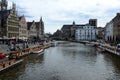 Picturesque medieval buildings overlooking the Graslei harbor on Leie river in Ghent town, Belgium