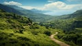 Picturesque Mediterranean Landscape: Ancient Greek Paved Road Through Lush Green Valleys