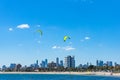 Picturesque Melbourne cityscape with kite surfers on St Kilda be