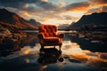 A picturesque moment chair immersed in still water, mirroring sunset and hills Royalty Free Stock Photo