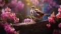 A picturesque moment of a finch bird perched on a garden fence, surrounded by blooming flowers, showcasing the harmony of nature Royalty Free Stock Photo