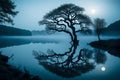 A picturesque, moonlit lake with a sinister-looking, gnarled tree reflected in the calm water, and mist rising from the surface