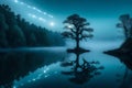 A picturesque, moonlit lake with a sinister-looking, gnarled tree reflected in the calm water,