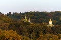 Picturesque morning autumn landscape view of famous Kyiv`s hills against blue sky. Royalty Free Stock Photo