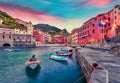 Picturesque morning cityscape of Vernazza port, Cinque Terre region. Attractive summer sunrise in Liguria, Italy, Europe. Fabulous