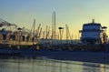 Picturesque morning landscape of commercial port in Koper. Front view of moored cruise ship in the cruise terminal Royalty Free Stock Photo