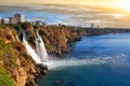 Picturesque morning landscape of the Lower Duden waterfall and Mediterranean Sea in the Antalya city Royalty Free Stock Photo