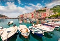 Picturesque morning view of Portovenere town. Great spring seascape of Mediterranean sea, Liguria, province of La Spezia, Italy,