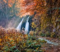 Picturesque morning view of pure water waterfall in Plitvice National Park. Splendid autumn scene of Croatia, Europe. Abandoned pl