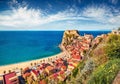 Picturesque morning view of Scilla town with Ruffo castle on background, administratively part of the Metropolitan City of Reggio Royalty Free Stock Photo