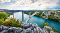 Picturesque morning view of Sibenik Bridge. Nice summer scene of Krka National Park, Skradin town location, Croatia, Europe.