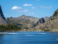 Picturesque mountain lake in the summer day, Bright sunny landscape with glacier water surface of mountain lake under clear sky. Royalty Free Stock Photo