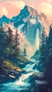 picturesque mountain landscape featuring a vibrant waterfall cascading into a flowing river, surrounded by lush pine