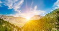 Picturesque mountain landscape and sunrise. Wide photo Royalty Free Stock Photo