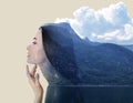 Picturesque mountain landscape and woman on beige background. Double exposure Royalty Free Stock Photo