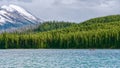 The picturesque mountain Maligne Lake in the Jasper National Park. Canoe in the turquoise lake waters on the background of Royalty Free Stock Photo