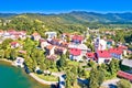 Picturesque mountain town of Fuzine on Bajer lake aerial view