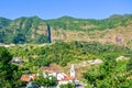 Picturesque mountain village Sao Vicente in Madeira, Portugal. The small city is surrounded by steep green hills. Terraced fields