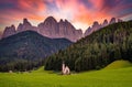 Picturesque natural view of the rocky mountains of Dolomites with the Dolomiti Funes Church