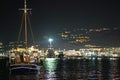 Picturesque night view of the old port of Chora in Mykonos Royalty Free Stock Photo