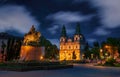Picturesque nightscape of central square of Ternopil, Ukraine