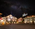 Picturesque nightscape of illuminated buildings and castle of Thun, Switzerland under starry sky Royalty Free Stock Photo
