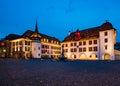 Picturesque nightscape of illuminated buildings and town hall of Thun, Switzerland Royalty Free Stock Photo