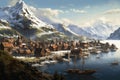 Picturesque Nordic village view panorama. Generate Ai Royalty Free Stock Photo