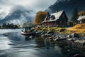 Picturesque Norwegian Fjord Cabin and Boat in Autumn. Generative AI