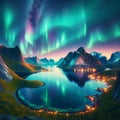 Picturesque Norwegian Fjord at Night with Northern Lights, AI