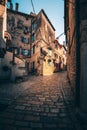 Picturesque old cobblestone street situated in Rovinj, Croatia