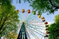 Picturesque old Ferris wheel in the green spring park at sunset Royalty Free Stock Photo
