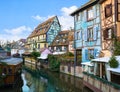 Picturesque old tourist area near the historic center of Colmar, Haut-Rhin, Alsace, France. Traditional old houses decorated fo Royalty Free Stock Photo