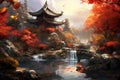 Picturesque Oriental forest bridge autumn. Generate Ai