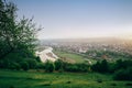 Picturesque outdoor scene on mountain valley, river and small village in morning fog at sunrise. Location - Carpathian Royalty Free Stock Photo