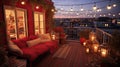 Scenic Outdoor Terrace with Charming String Lights. Enjoying a Cozy Autumn Evening on a Beautiful House\'s Rooftop