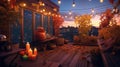 Scenic Outdoor Terrace with Charming String Lights. Enjoying a Cozy Autumn Evening on a Beautiful House\'s Rooftop