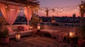 Scenic Outdoor Terrace with Charming String Lights. Enjoying a Cozy Autumn Evening on a Beautiful House\'s Rooftop