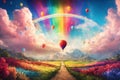 Picturesque painted picture of fairytale landscape with colorful balloons and hot air balloons Royalty Free Stock Photo