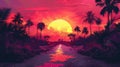 Vibrant sunset painting featuring palm trees, water, and a colorful sky Royalty Free Stock Photo