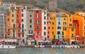 10.04.2017. Picturesque panorama with landscape of the harbor with colorful houses and the boats in Porto Venere, Italy, Liguria