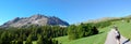 Picturesque panorama summer mountain landscape in the Swiss Alps near Savognin with green meadows and forest and rocky mountain pe