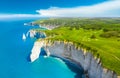 Picturesque panoramic landscape on the cliffs of Etretat. Natural amazing cliffs. Etretat, Normandy, France