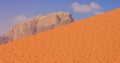 Picturesque panoramic landscape Wadi Rum Jordan desert nature photography sand dune hill and rocky bare mountain background scenic Royalty Free Stock Photo