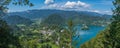 The picturesque panoramic landscape of the western part of Lake Bled from Straza mountain