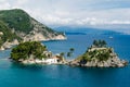 Picturesque Panoramic View of Parga Bay in Greece. Idyllic Place with Blue Sea and a Small Island with Chapel and Castle Walls