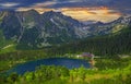 Picturesque panoramic view of Popradske Pleso, Tatra mountains, Slovakia. Royalty Free Stock Photo