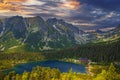 Picturesque panoramic view of Popradske Pleso, Tatra mountains, Slovakia. Royalty Free Stock Photo